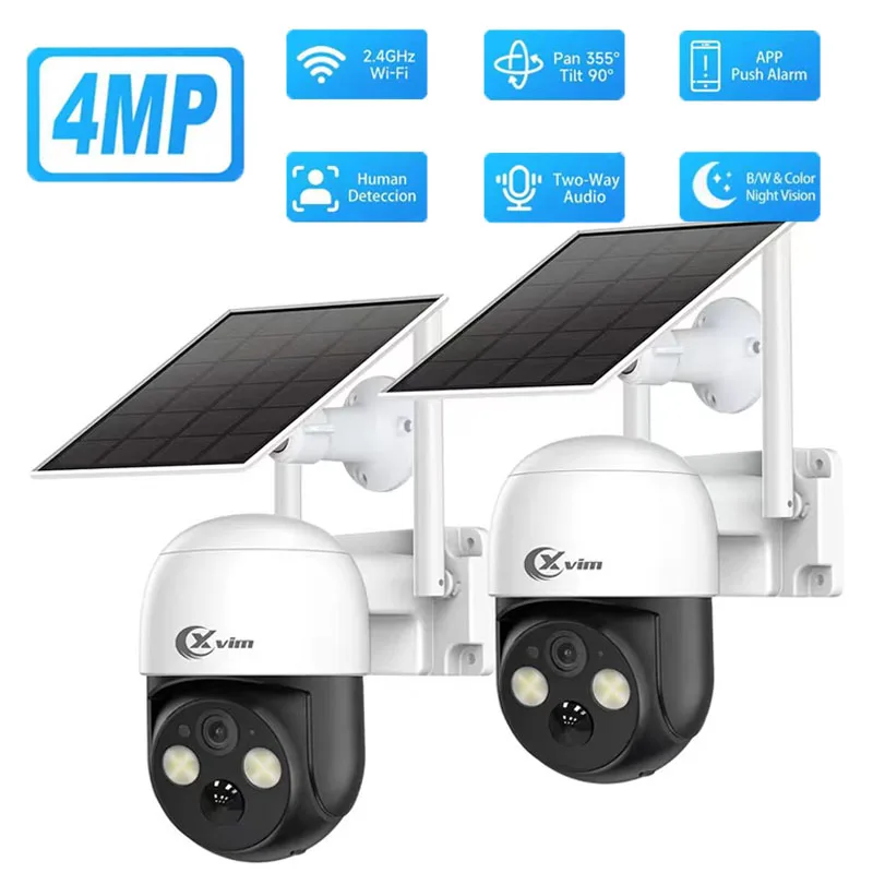 

XVIM 2PK 4MP Solar Powered Security Camera 2.4GHz Wireless PTZ Pan 355° Tilt 90° Two-Way Audio Human Detection Night Vision