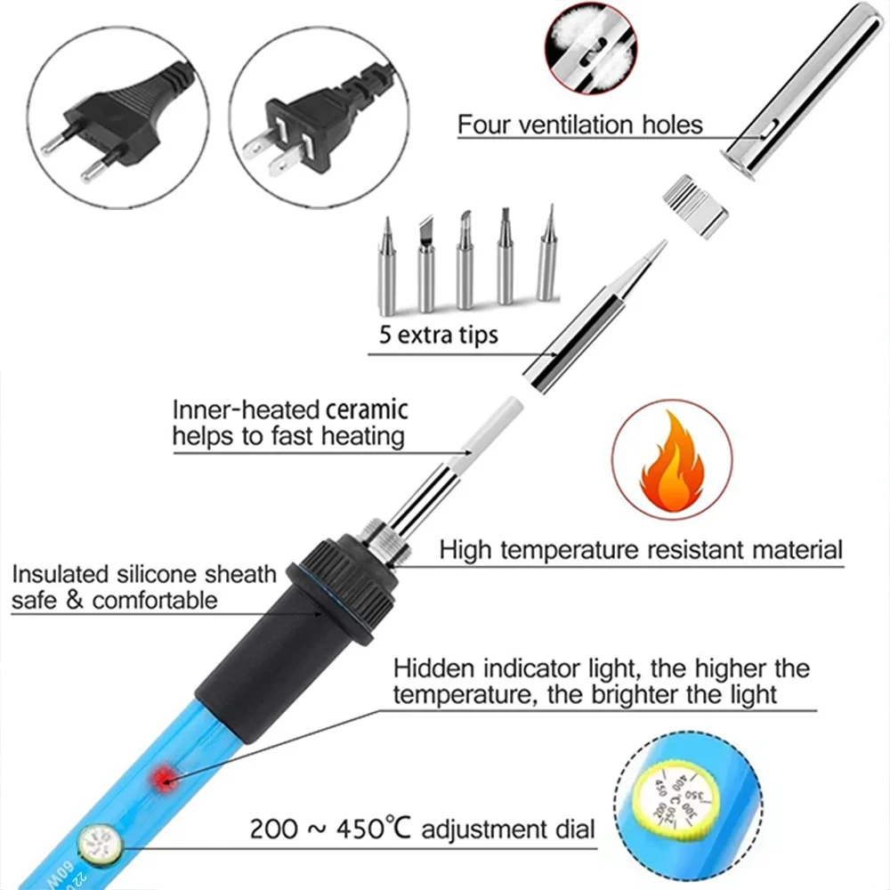Soldering Iron Kit Electric 220V 60W Adjustable Temperature Soldering Gun Welding Tools With 5pcs Tips Heat Pencil Welding Repai