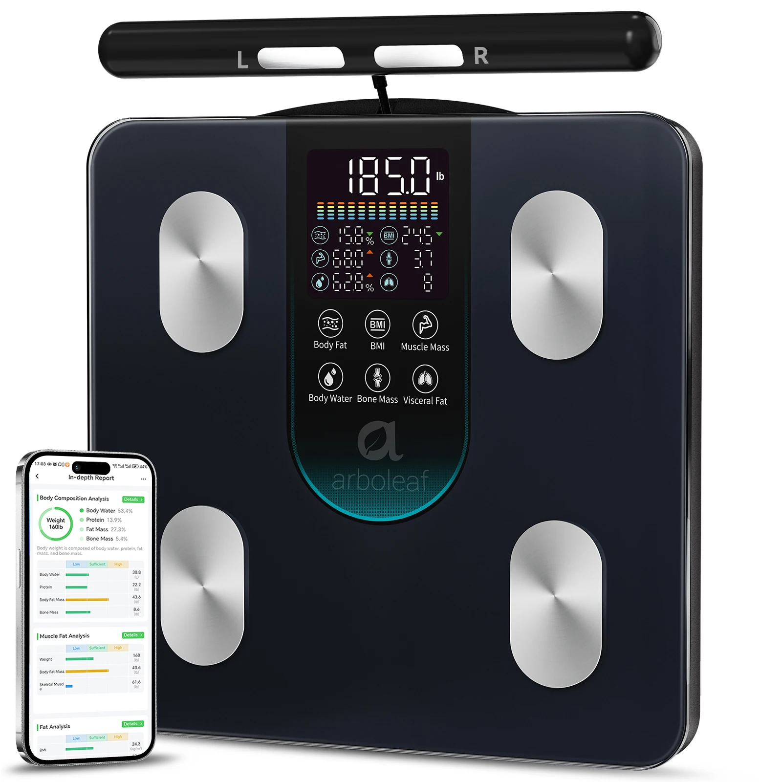 Arboleaf Smart Body Fat Scale 8-Electrode Dual-Frequency BIA, Digital Bathroom Weight Scale with Handle, 50+ Body Metrics, 7-in-1 Display, APP Sync