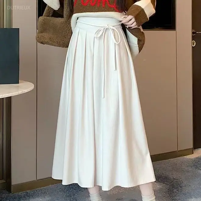Corduroy Skirts Women Solid Autumn Winter A-line Elegant Long Skirt Korean Fashion Sweet Warm Vintage Faldas Mujer