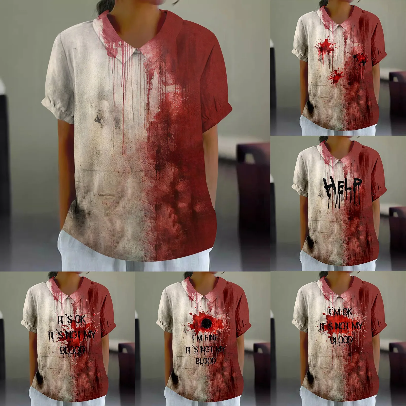 Harajuku Fashion Blouse Halloween Bloody Funny Tunic Tops Loose O Neck Short Sleeve Shirts Halloween Blood Clothes 2024 Roupa