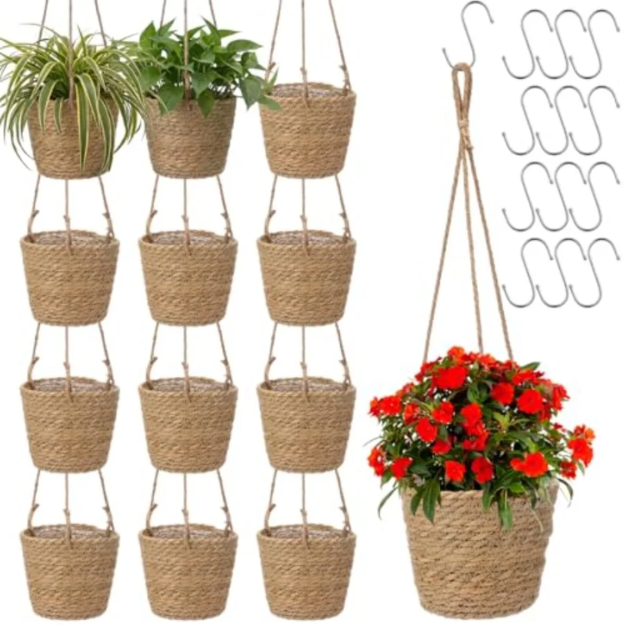 

Pcs Seagrass Hanging Planter Basket Hand Woven Plant Basket with Plastic Liners Hanging Plant Holder Storage Containers with Co