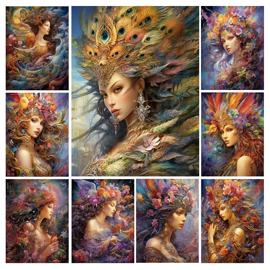 Diy Mosaic Art Painting Kits Feather Flower Fairy Woman Full Rhinestone Embroidery Fantasy Girl Pintura De Diamante AA5096