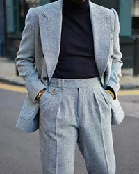 Veste et pantalon en tweed gris imbibé pour hommes, coupe couvertes à chevrons, smoking chaud décontracté, mode de mariage du marié, sur mesure, automne