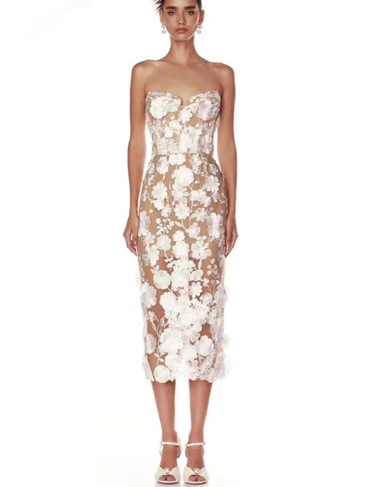 

Sexy Strapless Floral Lace Patchwork Midi Dress Women Elegant White Red Sleeveless Backless Bodycon Runway Evening Party Dresses