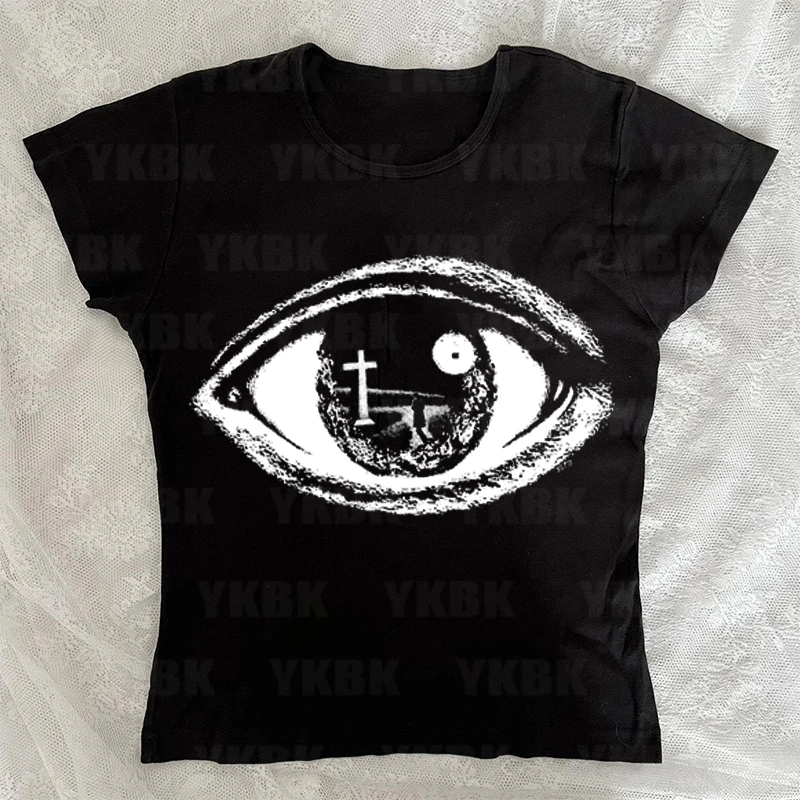 Gothic Punk Rock Hip Hop eyes Print Women Short Sleeve T-Shirt Sexy Slim Casual Basics Harajuku Crop Tops Y2K Emo Girl Clothes