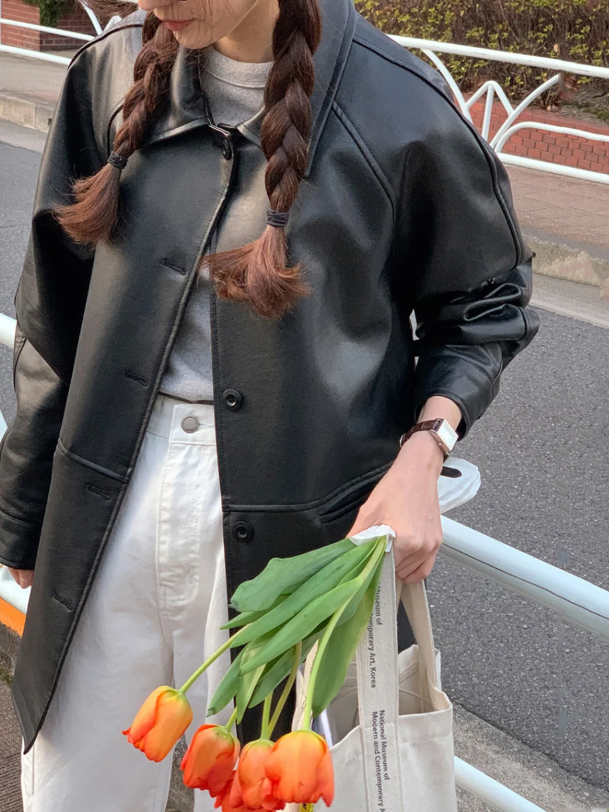 Fashionable Black PU Leather Jacket Women's Loose Midi Length Suit Sle Coat Retro Design Streetwear Autumn New Arrival