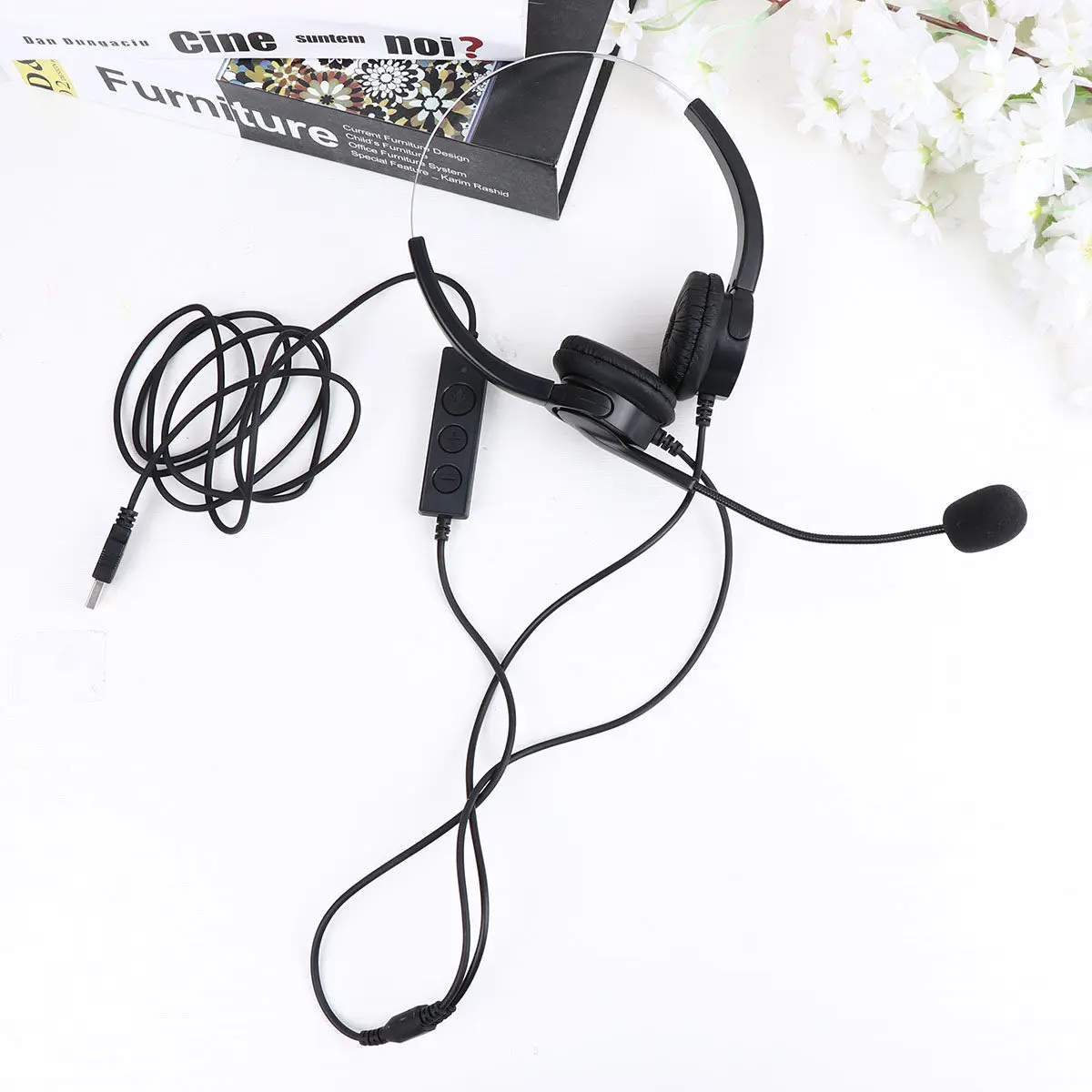 Head-Mounted Microphone Wired Dual Ear USB Portable Loudspeaker Speaker Mic Noise Reduction Adjustable Boom for Telemarketing