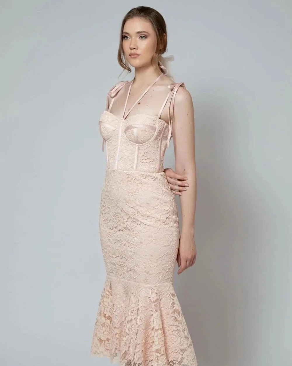 

Customized Classic Simple Lace Ruched Pleat Mermaid Party Dress Spaghetti Strap Sleeveless Tea Length Dresses Evening Dresses