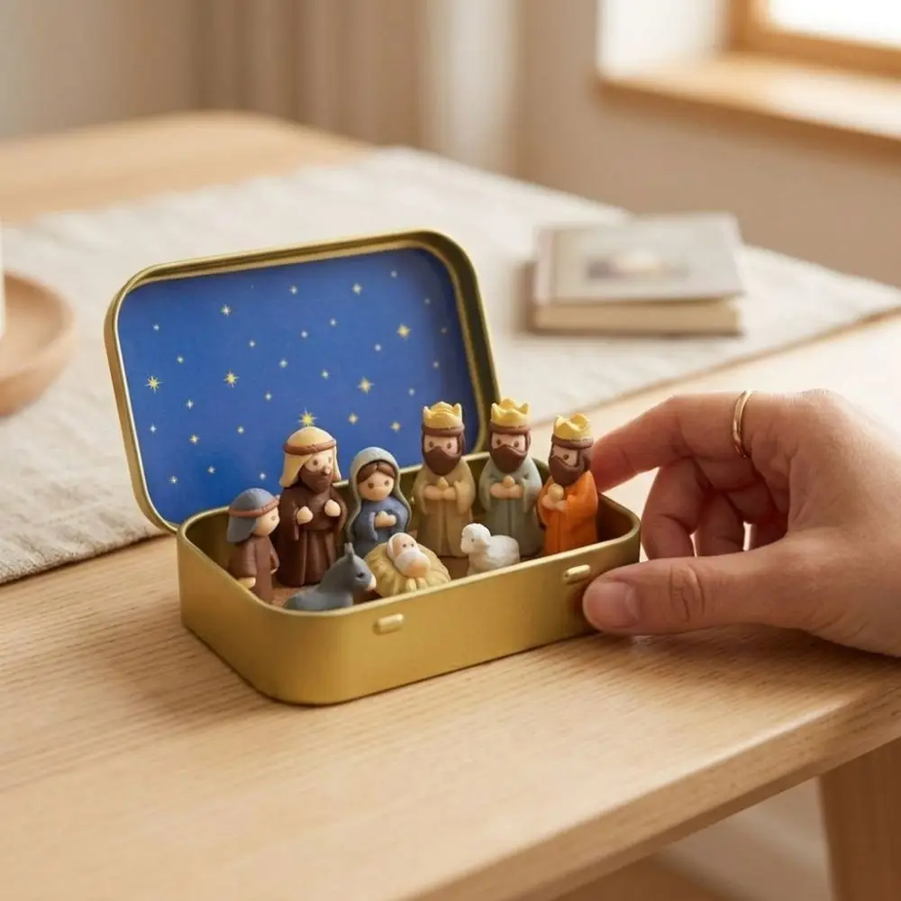 Metal Tin Box Mini Christmas Trough Set Holy Family 3D Printed Xmas Manger Ornaments Hand Painted Shepherd Animal
