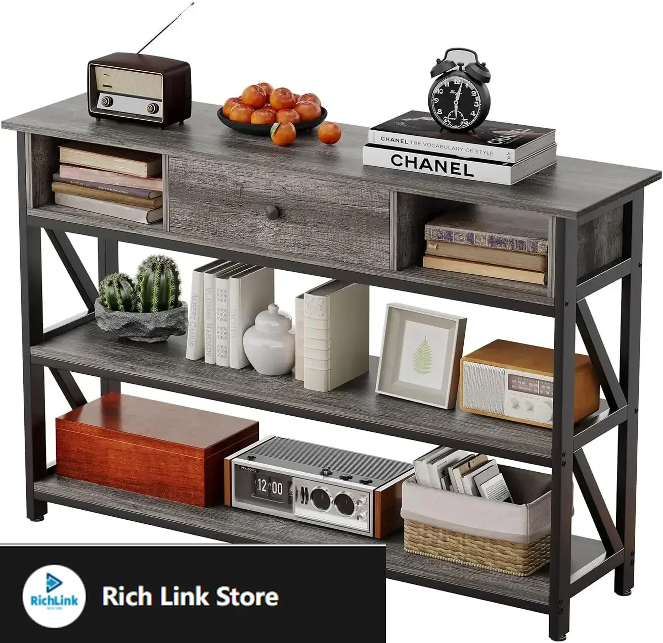 

47 Inch Console Sofa Table with Drawer, Industrial Entryway Table with Storage Shelves, Storage Organizer for Hallway Living