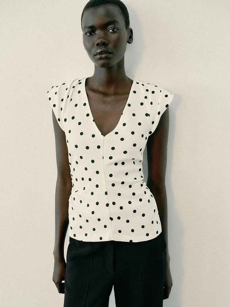 Women's Fashionable Sleeveless V-Neck Polka Dot Shirt with Shoulder Pads Autumn New Arrival Quality Garment