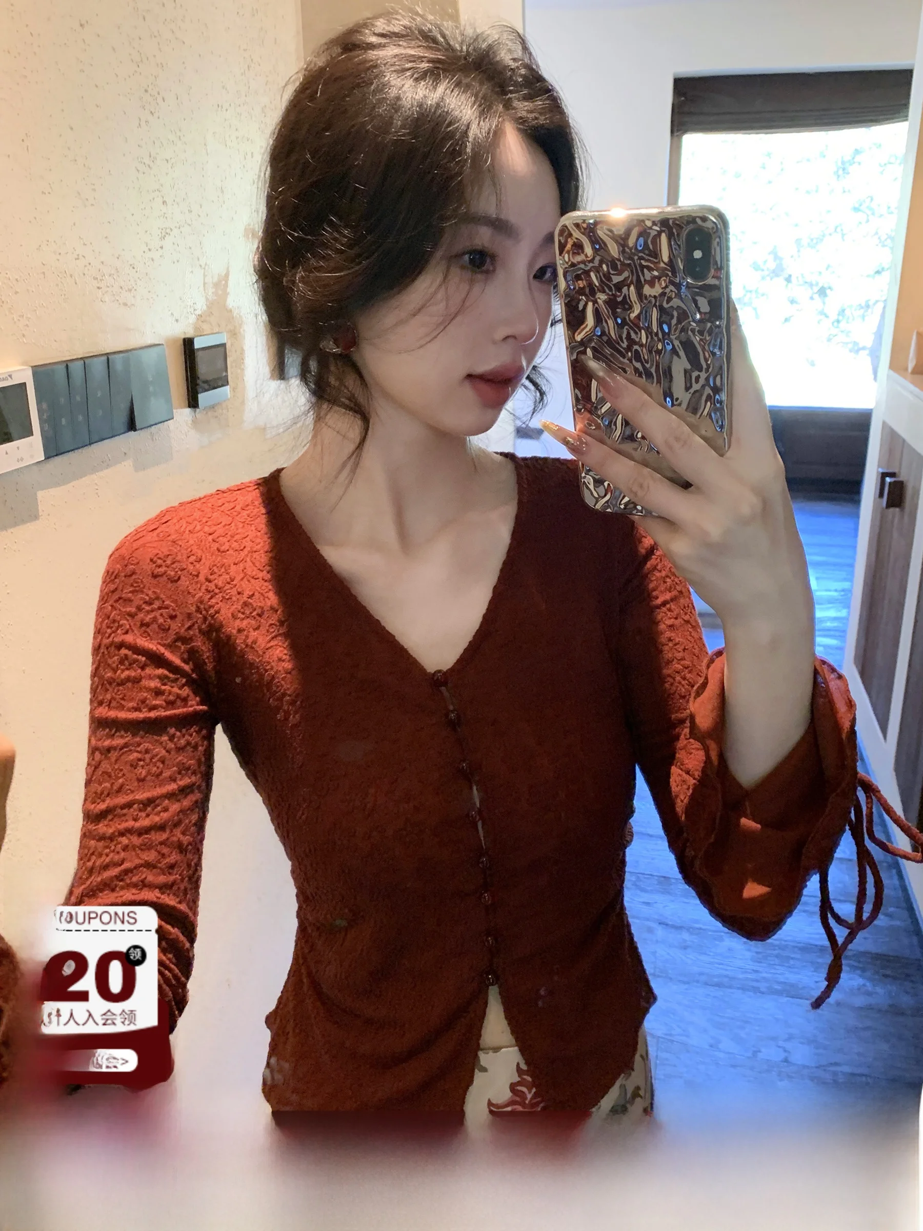 

Sexy Sle Syt High-End Embroidered Lace irt Slim Fit Button Base irt Long Sve V-Ne Bal Floral Patterned Women'...