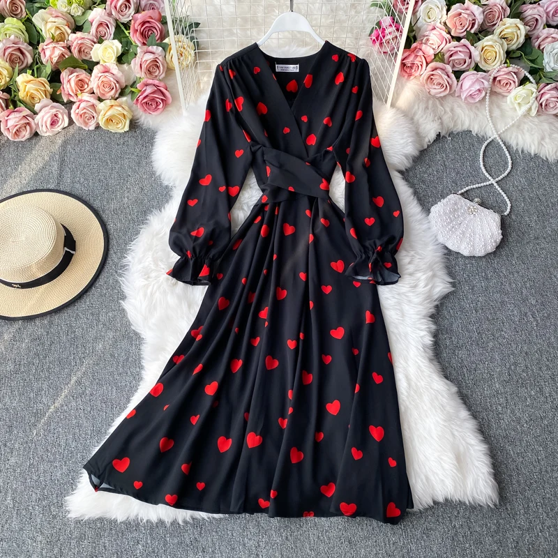 YuooMuoo 2023 New Autumn Romantic Heart Print Women Dress Elegant Bandage Long Sleeve Big Swing Party Vestidos Ladies Vestidos