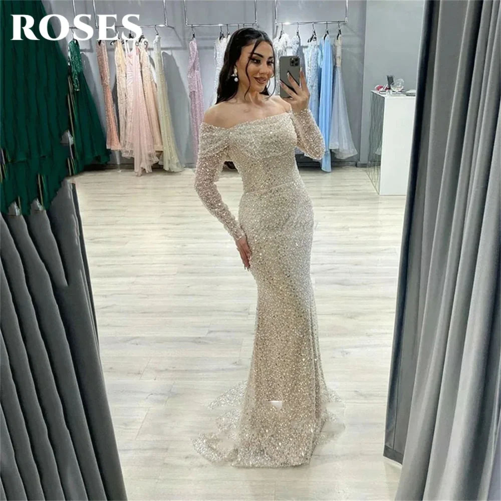 ROSES Ivory Off Shoulder Prom Dress Sequin Shiny Gorgeous Party Dresses Sheath Long Sleeves Popular Mermaid Wedding Dress 프롬 드레스