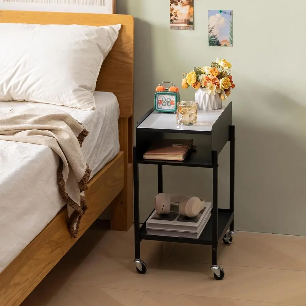 3-Tier Rolling Nightstand with Marble Top for Bedroom, Living Room, and Office - Easy Assembly (Black)