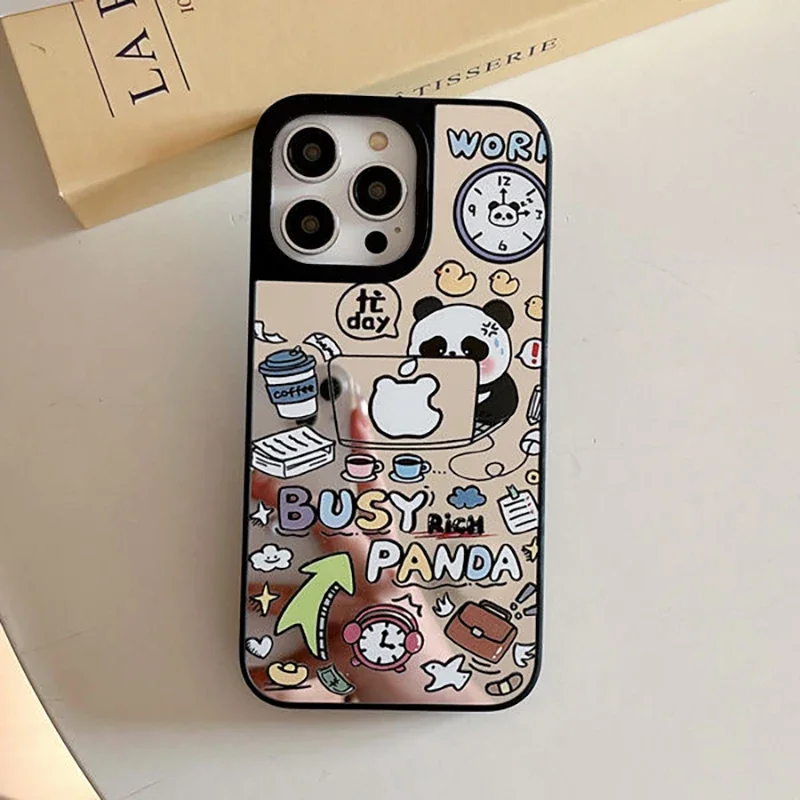 Funda de teléfono magnética con espejo de oso Panda de oficina para IPhone 11 12 13 14 15 16 Pro Max funda para IPhone 16 Pro Max