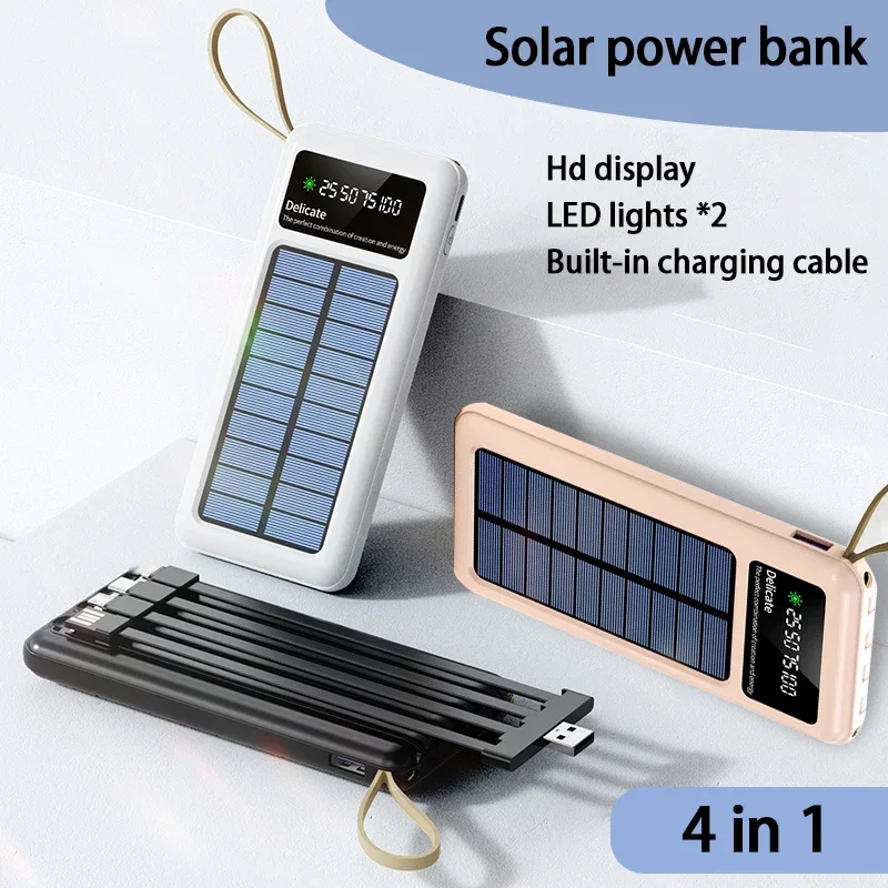 50000 Mah Solar Power Bank Thin Light Comes With Four-wire External Battery Portable Daily Power Bank For Apple Xiaomi Samsung