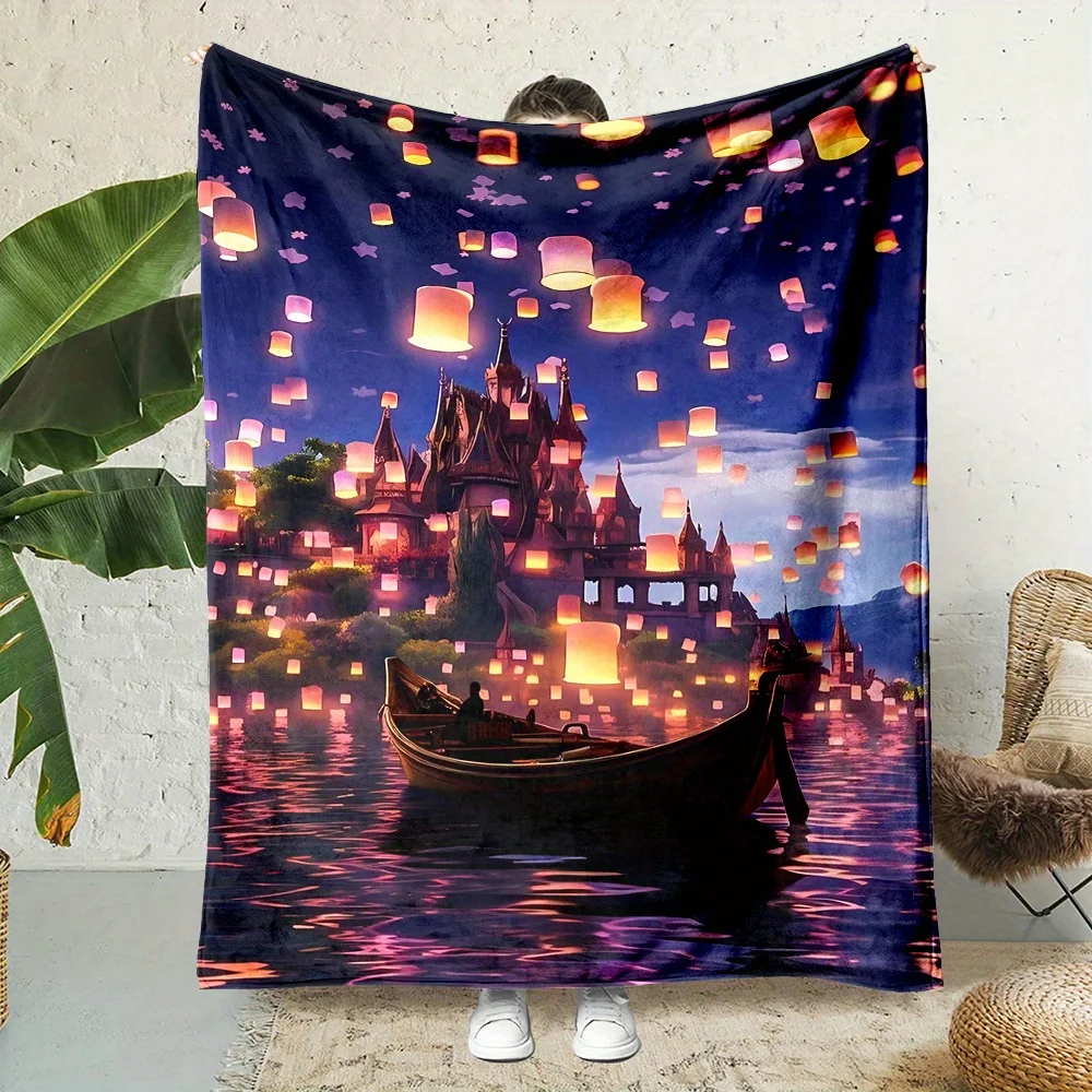 Lanterns and floating boats design Flannel printed blanket suitable for all seasons suitable for living room office sofa travel