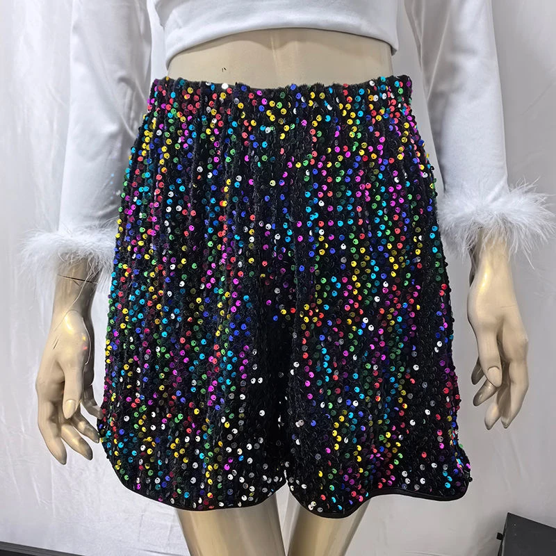 Women Fashion Sequin Black Shorts Summer Streetwear Elastic High Waist Hot Pants Nightclub Party Dance Shiny Sequin Shorts