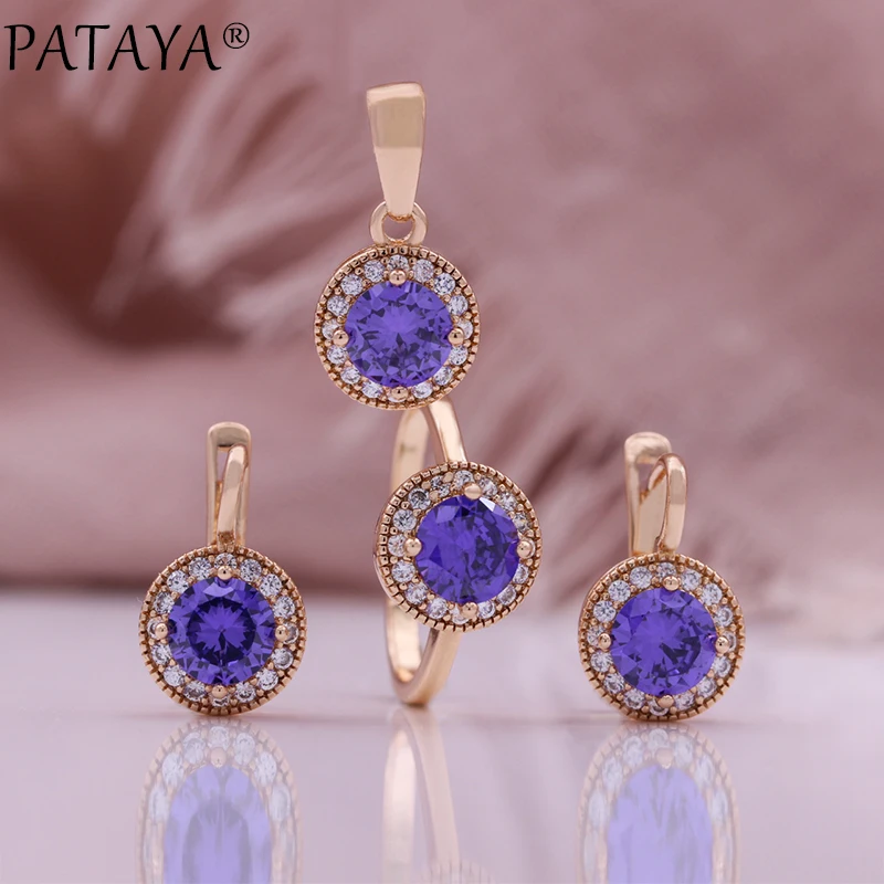 PATAYA Purple Zircon Women 585 Gold Rose Color Round Cubic Zircon Pendant Earrings Rings Sets Necklace Chain Jewelry 2024 New