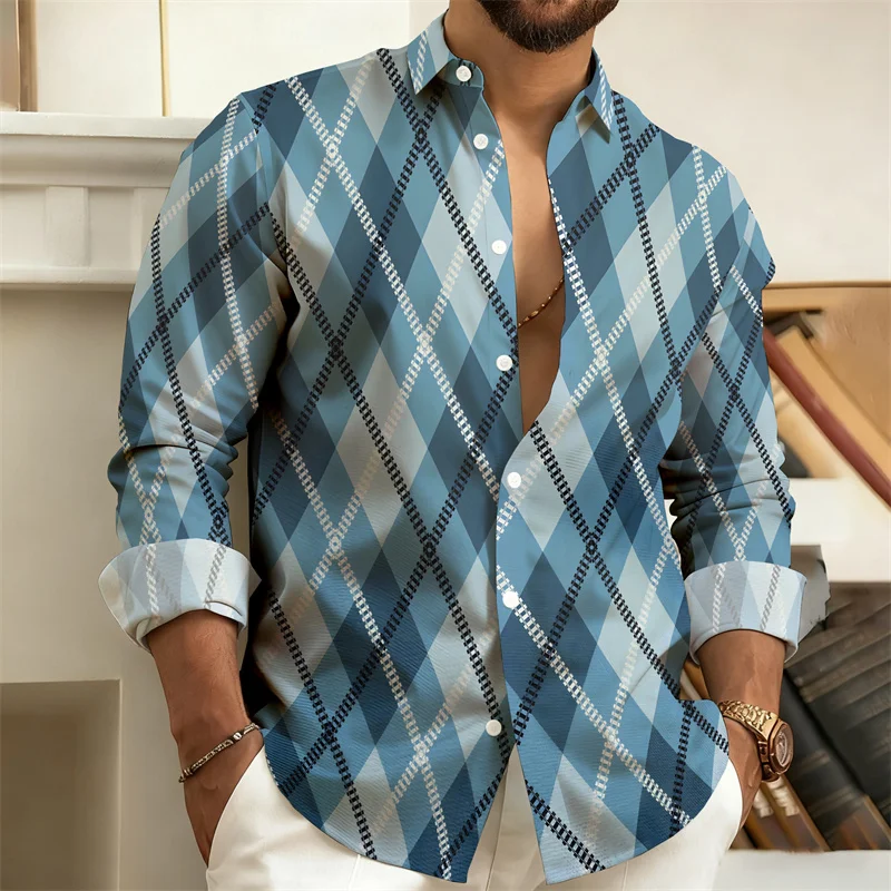 New men's black and white diamond pattern long-sleeved shirt, fashionable casual loose-fitting shirt, outdoor casual trendy top.