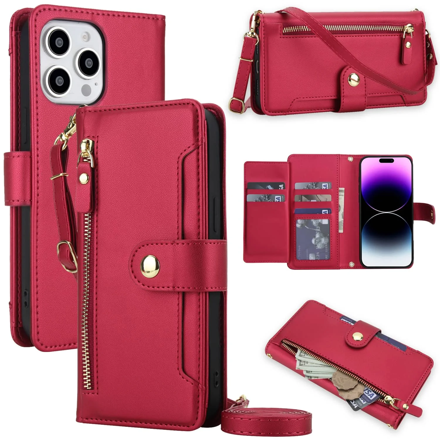 

Флип-чехол-кошелек для iPhone 14/13/12/11 Pro Max/13 Mini/SE 2022/6/7/8 Plus/X/XS/XR/XS Max, чехол с карманом на молнии и держателем для карт