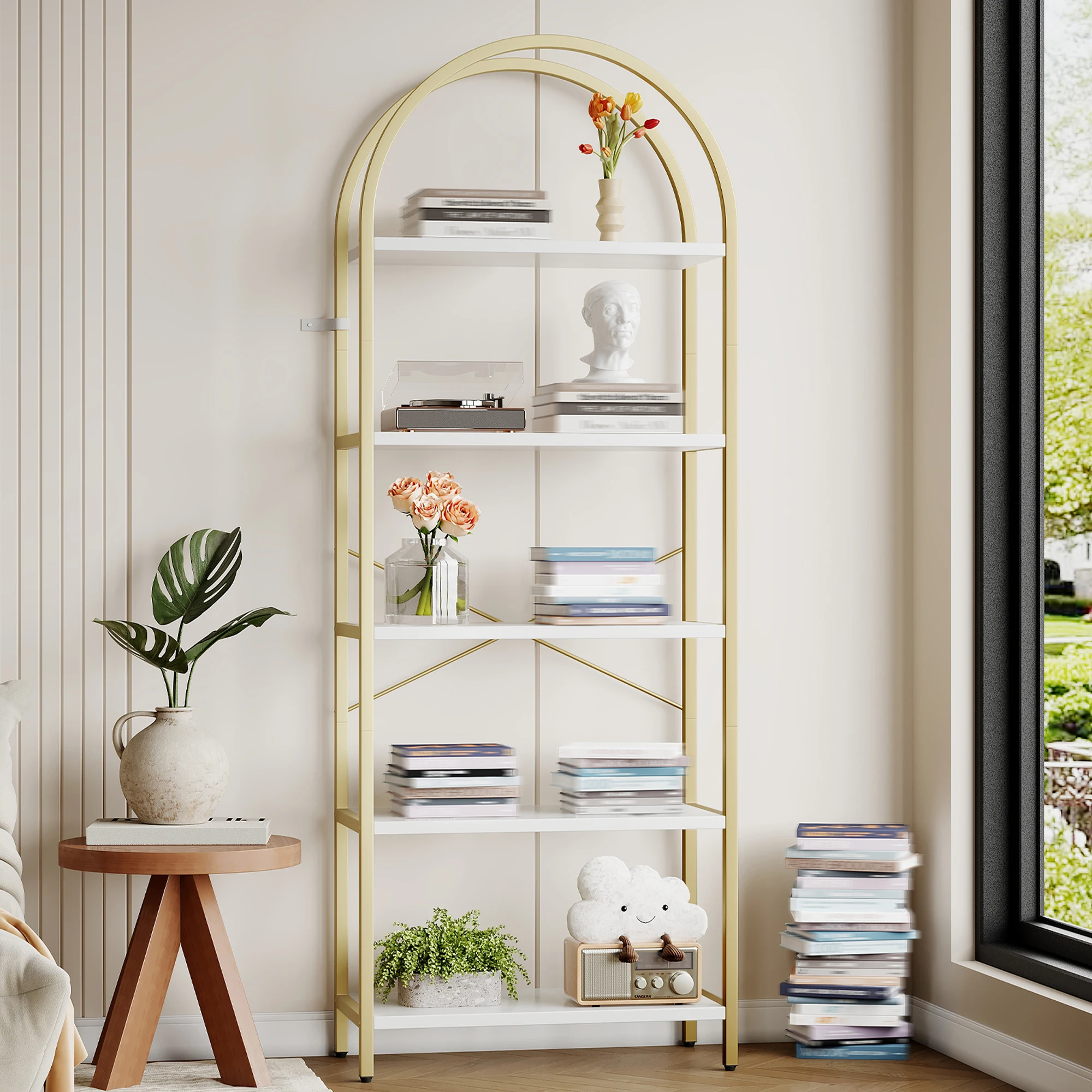 Open Bookshelf, 5-Tier Arched Display Racks, 70.8 Inch Industrial Freestanding Bookshelves with Metal Frame, Tall Storage Rack Organizer for Bedroom Living Room Office Home