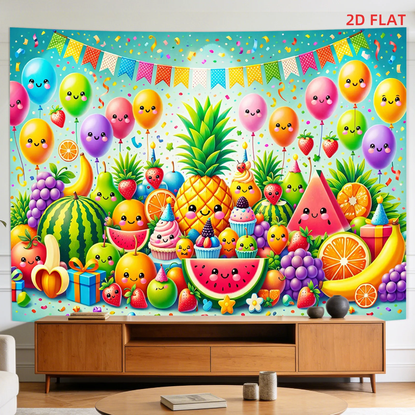 Funny Fruit Faces Tapestry, Kawaii Balloon Birthday Wall Hanging, Colorful Cartoon Kids Room Decor, Summer Party Boho Art Cloth