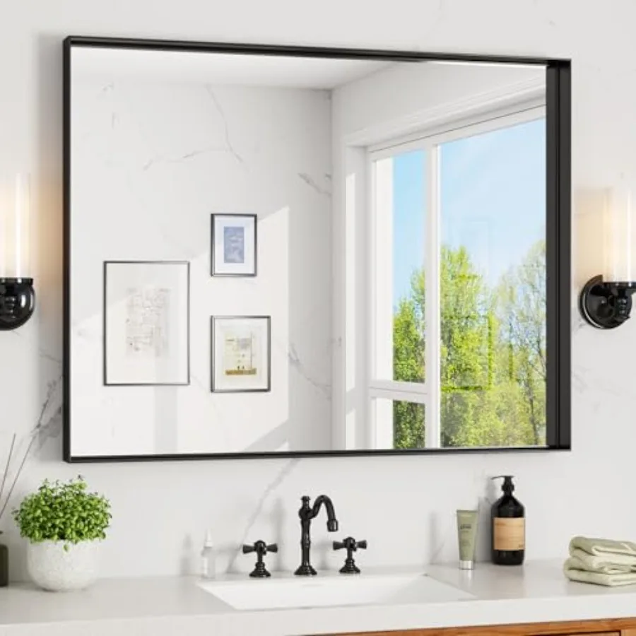 

Bathroom Mirror 40x30 Inch Rectangle Mirror with Metal Deep Frame Wall Mirrors for Over Sink Vanity Bedroom Bathroom Hangs Hori