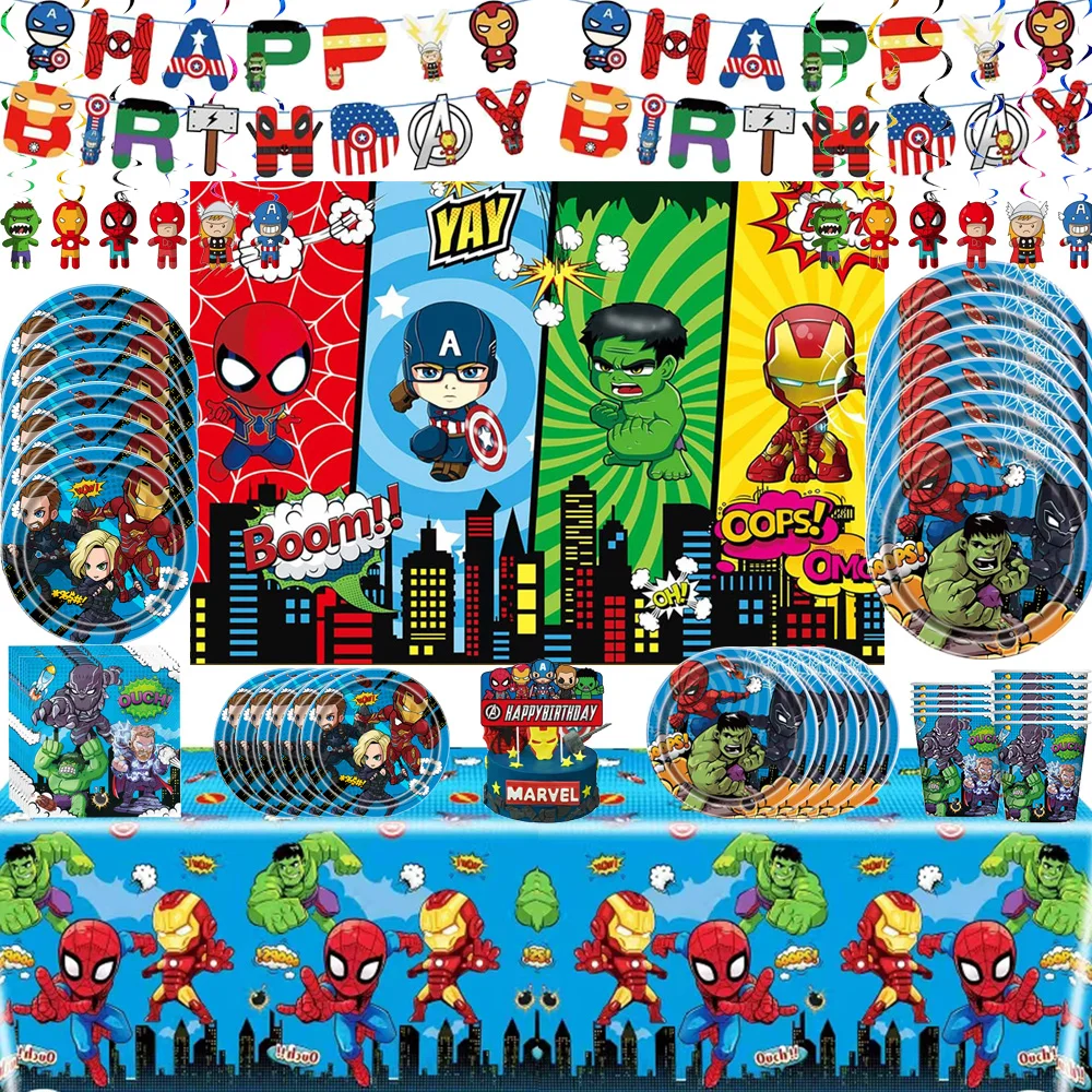 Avengers Birthday Decorations Superhero Party Supplies Disposable Tableware Background Banner Stickers Straws Boy Baby Shower