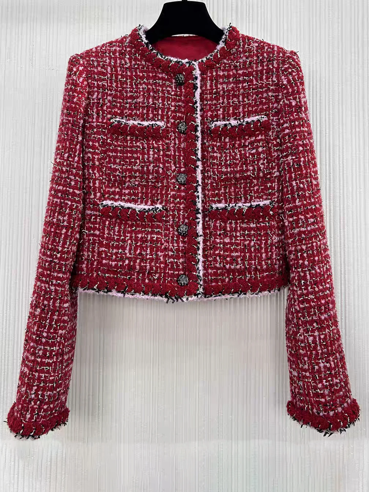 

High-End Elegant Short Red Tweed Coat round Neck Vintage Top for Women Premium Quality Wool Polyester Blend Warmth Guaranteed