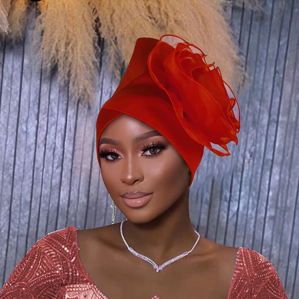 African Head Wrap Wedding Party Headwear Big Flower Turban Cap for Women Nigeria Geles Bonnet Hijab Headscarf Auto Gele Headties