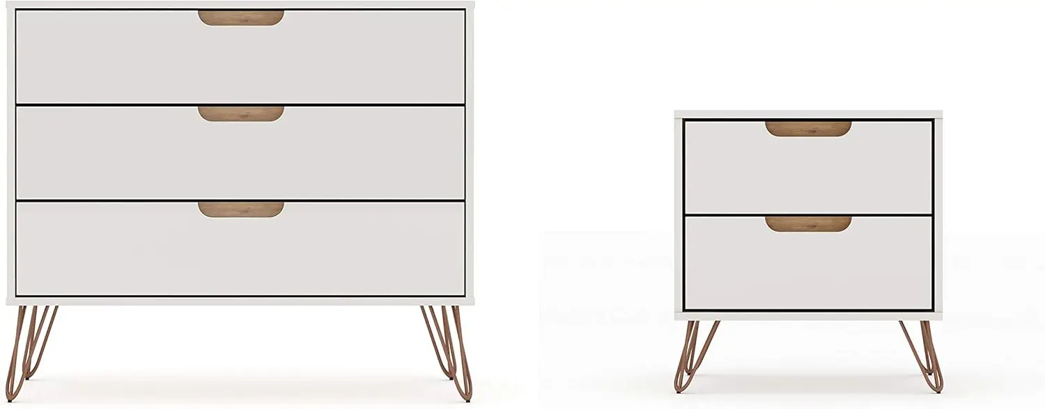 Mid-Century Modern 3 Drawer Bedroom Dresser with Nightstand, Set of 2, Off White/Nature