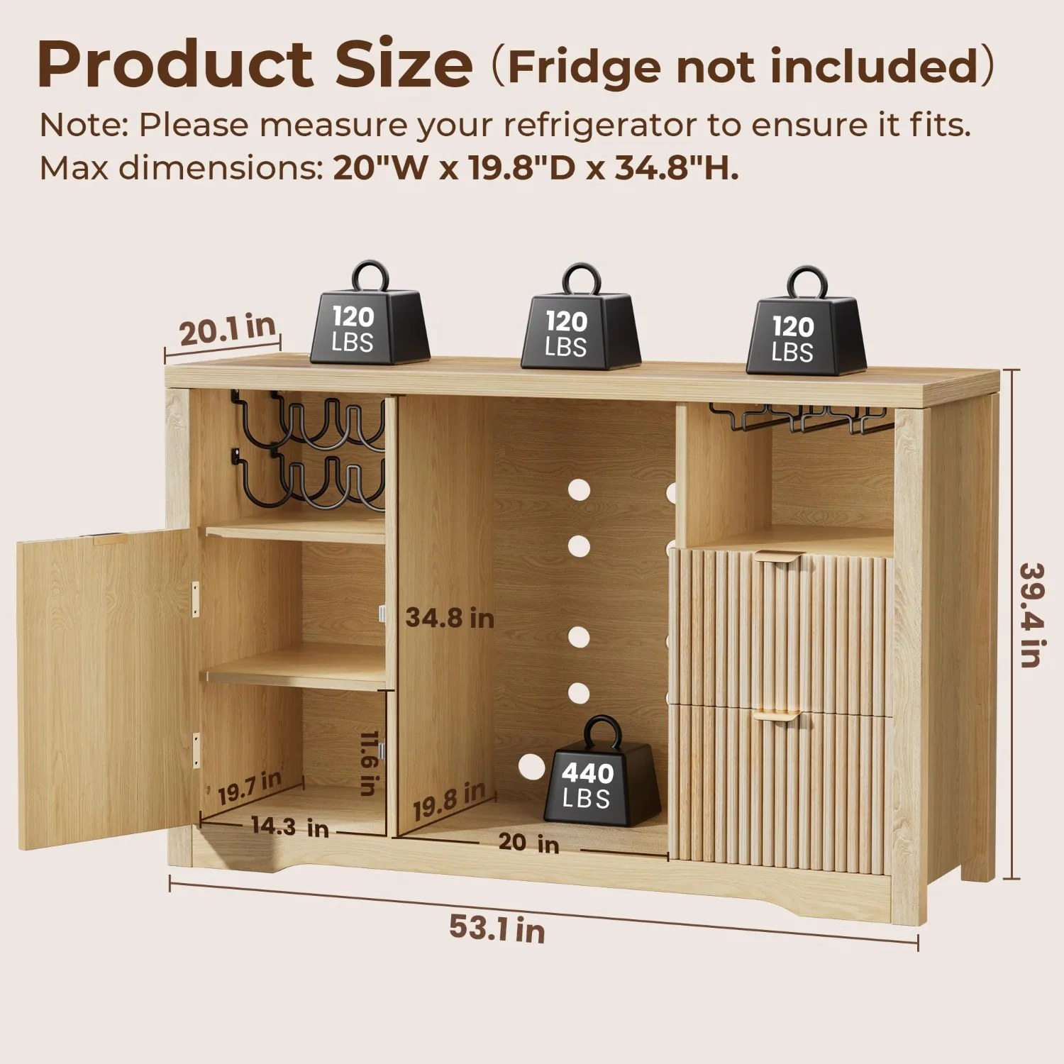 Coffee Bar Cabinet with Mini Fridge Space, 53"Wine Cabinets with Storage view 2
