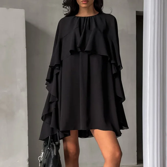 

2026 Spring New Commuter Crew Neck Laminated Lotus Leaf Dress Women