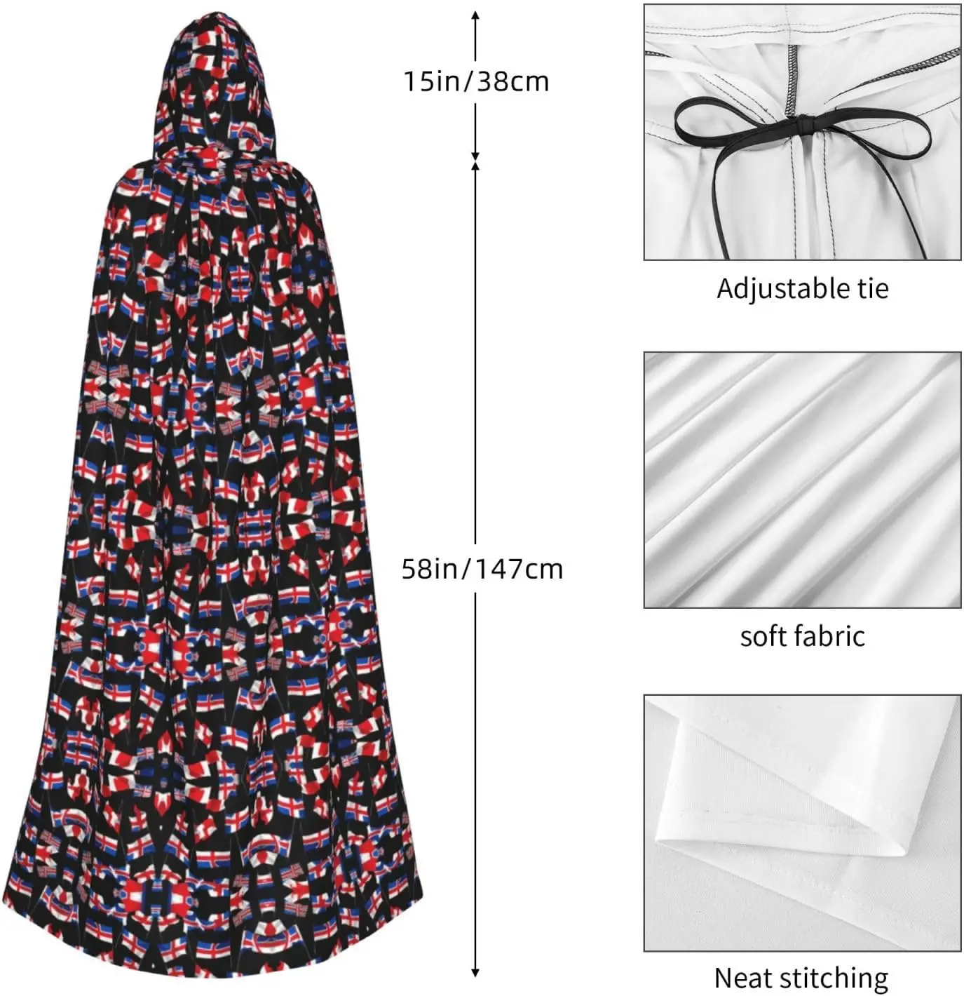 National flag Printed hooded cape suitable for masquerade Halloween party cosplay props keep warm Water Resistant