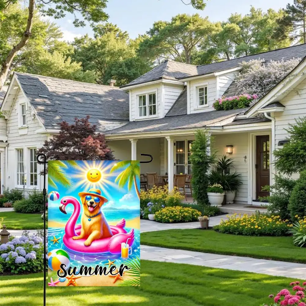 Garden Flag 12x18 Inch Outdoor Yard Banner Featuring Cool Gray Cat in Red Sunglasses with Watermelon and Juice on Pool Float hhz