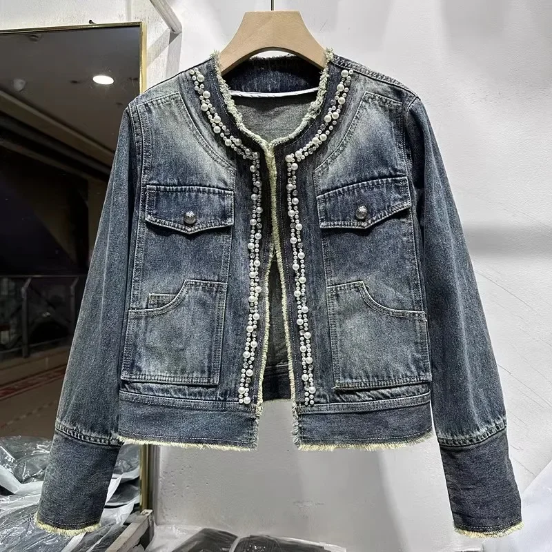

Luxury High Quality Handmade Diamond Beaded Denim Jackets For Women's Lapel Long Sleeve Coat 2025 Spring Summer