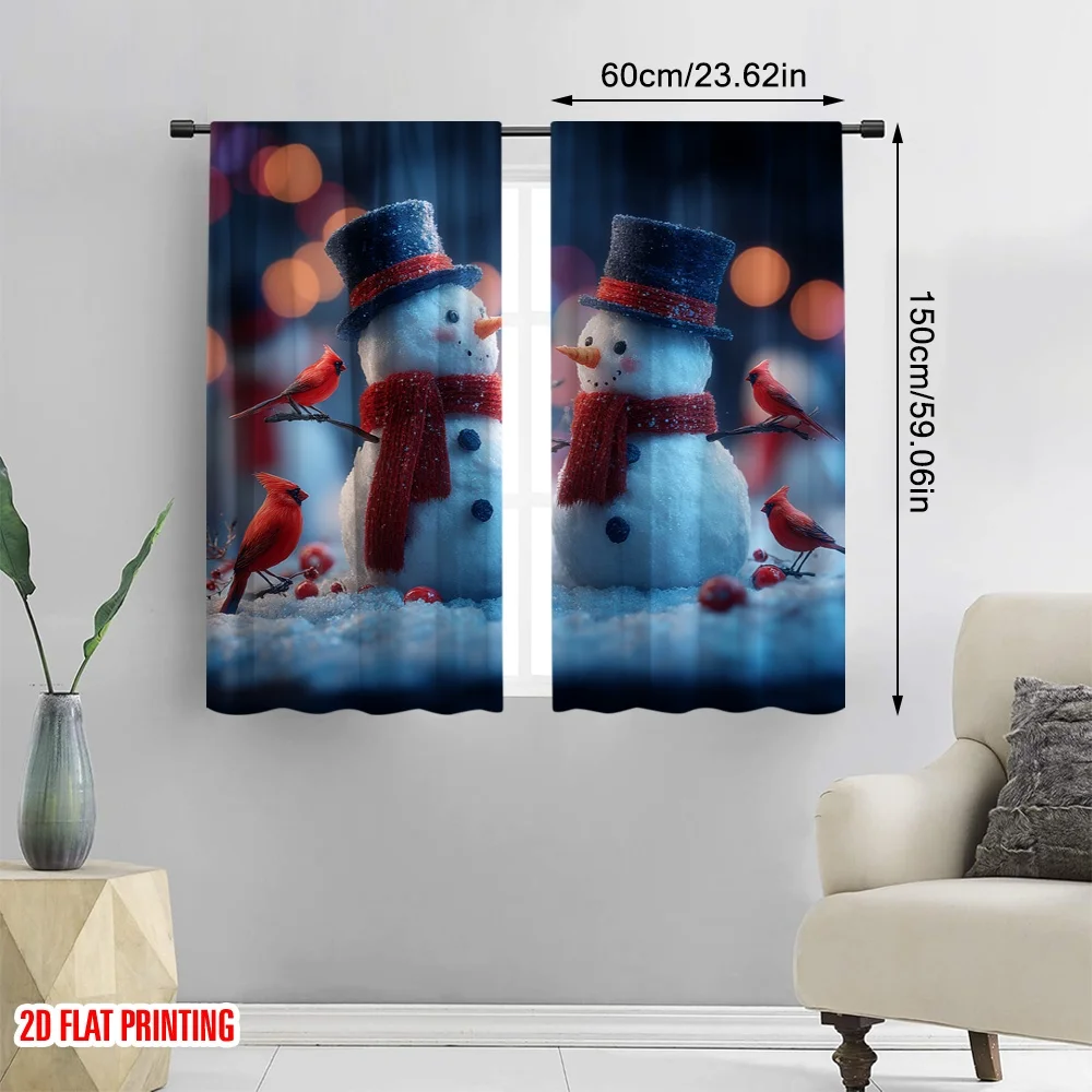2pcs 2D flat printing Window Curtains Two Snowmen Cardinals Christmas Digital Printed Polyester Drapes Family Party for Holiday