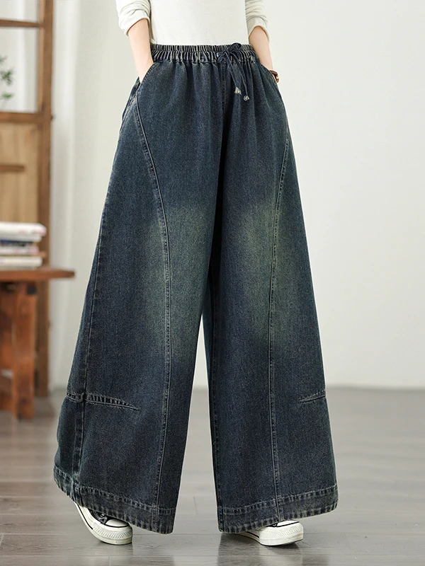 Retro Embroidered Wide Leg Jeans Women's Spring New Elastic Waist Loose Slimming Large Size Casual Straight Leg Pants