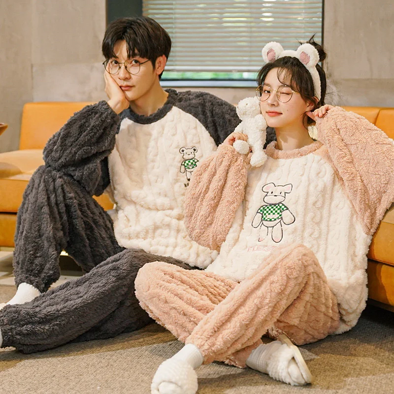 Autumn and Winter 2023 New Big Brand Warm Cute Cartoon Pajamas Couple Set Women Coral Fleece Flannel Men\'s Home Wear