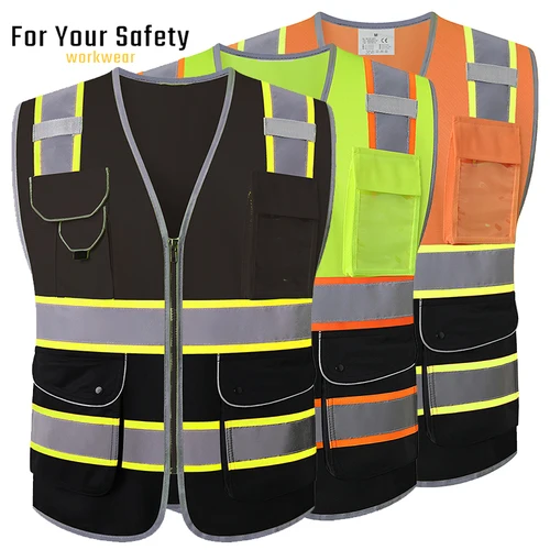 Imagen 1 del producto Chaleco laboral negro con bolsillos frontales y cremallera Plata-amarillo para hombres Chaleco/chaqueta de alta visibilidad Chaleco de construcción Chaleco para conductores de camiones y motociclistas