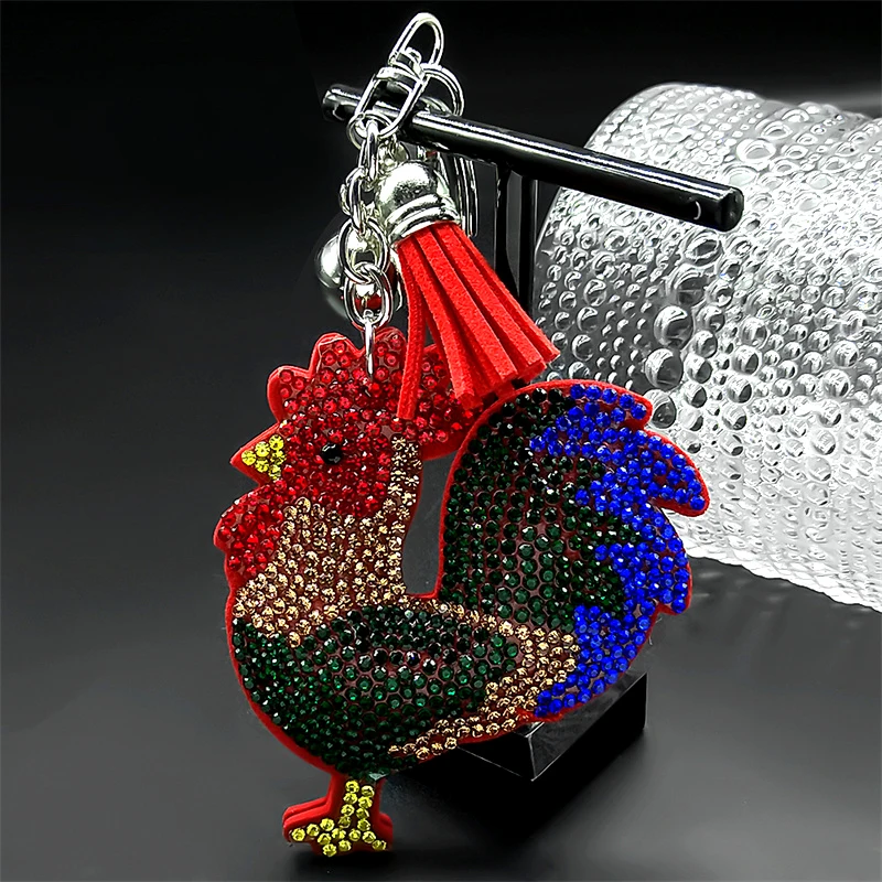 

Fashion Crowing Rooster Male Keyring For Women Men Colorful Crystal Tassels Female Animal Bag Charms Keychain Jewelry Decoration