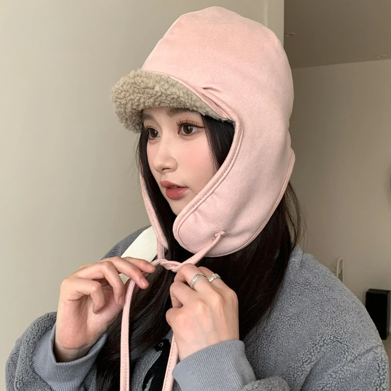 ‌ Gorro de piel de ante coreano para mujer, gorro con orejeras para mantener el calor en invierno, resistente al viento para ciclismo/esquí, gorros gruesos para exteriores