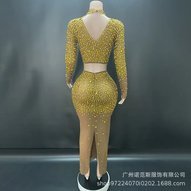 Luxus Gold Diamant Mesh Elastische Strass Rock Sänger Leistung Mode Singen Kleidung Erwachsene Modell Laufsteg Trendige Kleidung