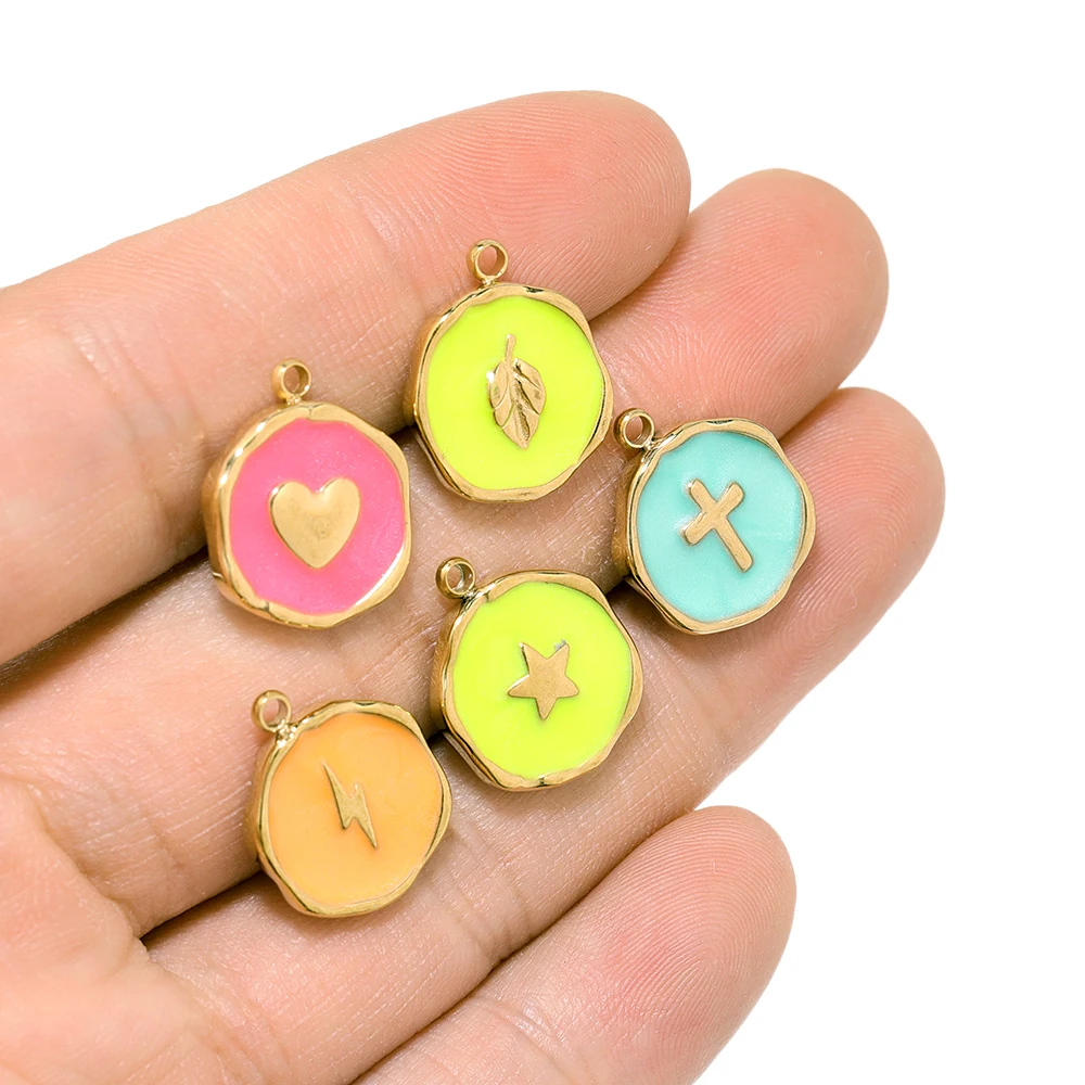 5 Stück Edelstahl 12mm Emaille Stern Mond Herz Anhänger Medaillen Charms für Damen Halsketten Zubehör DIY Schmuckherstellung Materialien – Detail 3