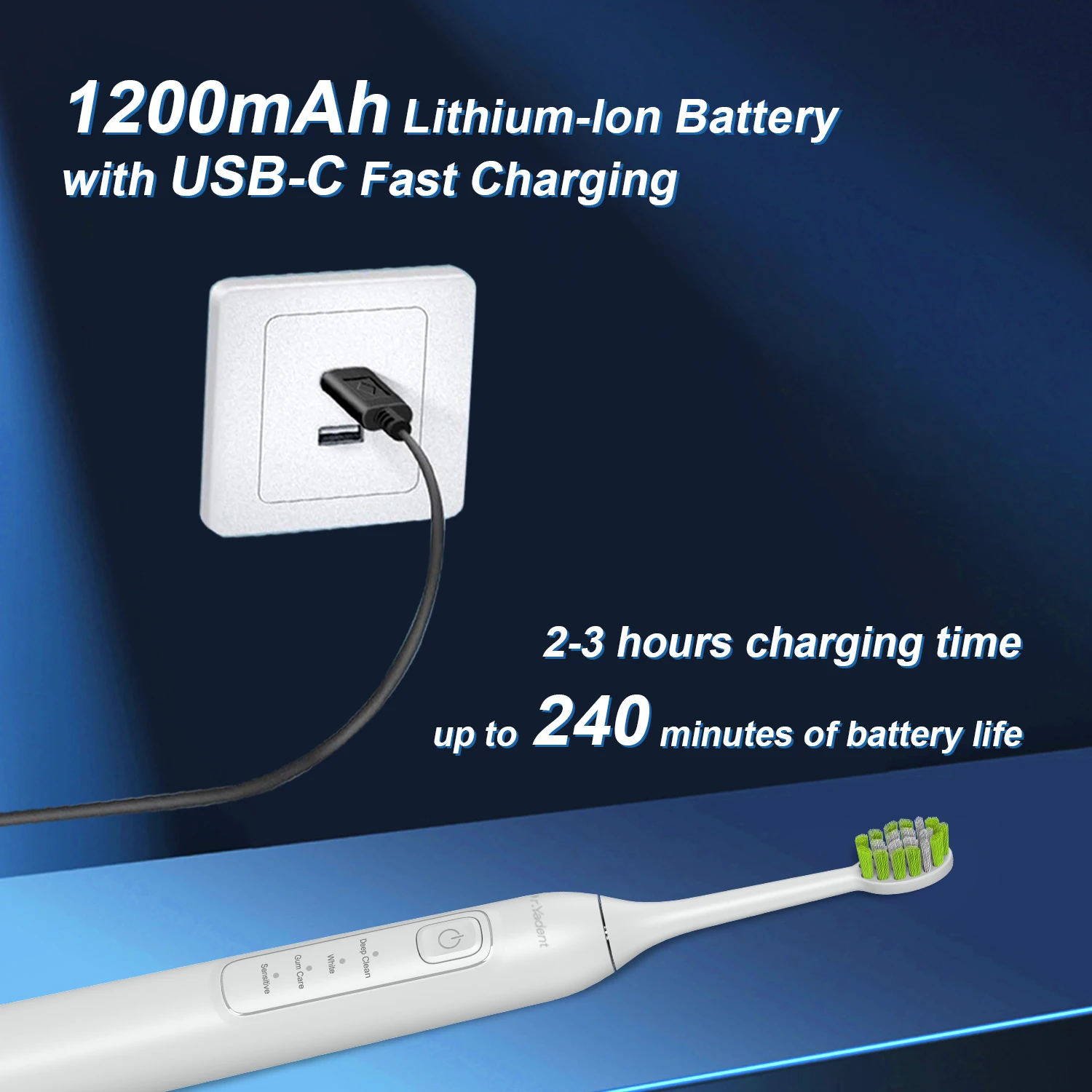 Dr.Yadent YD05 Electric Toothbrush USB-C Fast Charge 4 Modes for Adults 2mins SmartTimer 6 Replacement Heads Last for 1 Year Use image 4