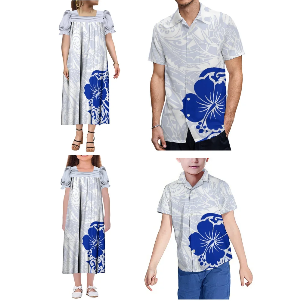 Sommer-Familien-Set, polynesisches Stammesmuster, individuelles Mutter-Tochter-Mumu-Kleid, lässiges Vater-Sohn-Freizeithemd-Oberteil