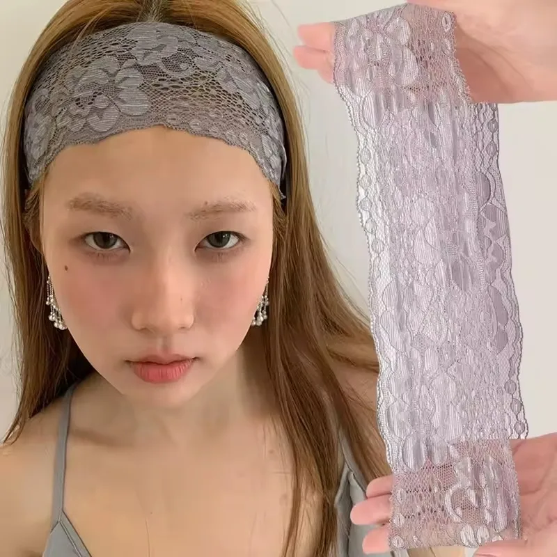 Womens Harajuku Style Headbands Lace Floral Wide Trim Soft Hairband Elastic Hair Bands Headwrap for Wedding Party Accessories
